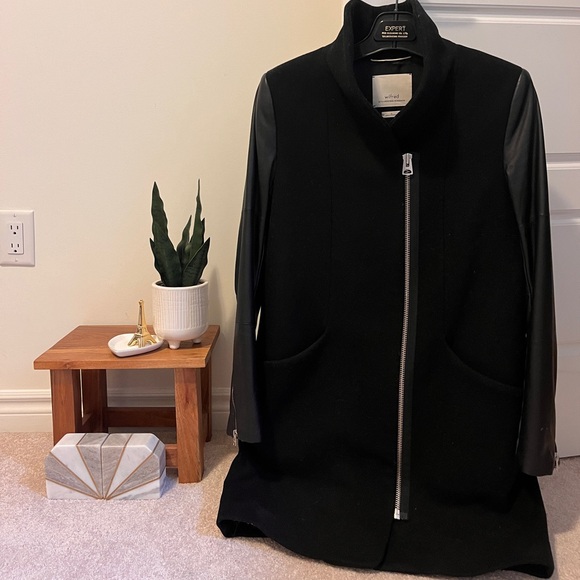 Wool Coat with Leather Sleeves - Picture 2 of 6